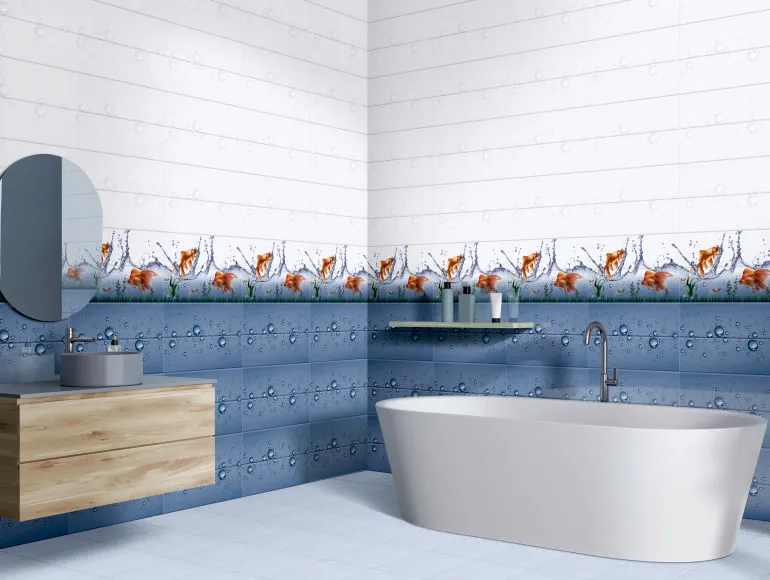 Creative small blue bathroom with white luxury bathtub